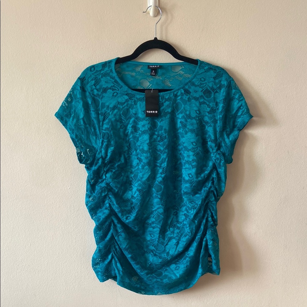 New Pretty Torrid Stretch Lace Sheer See Thru Tee 0 Large 12 Blue Green Floral